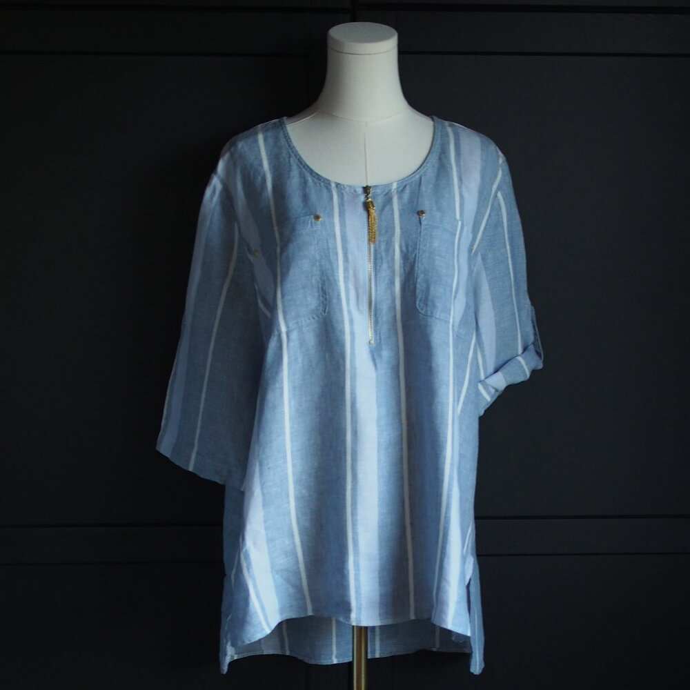 Ellen Tracy | 100% Linen, Like NEW Striped Quarter-Zip Tunic Top